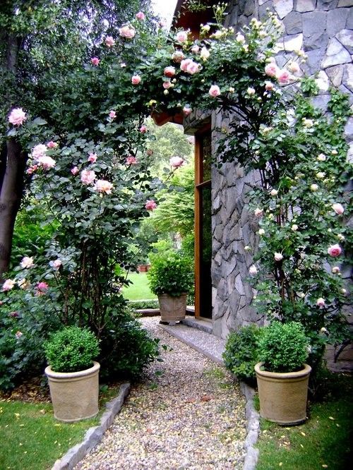 garden cottage french country trellis yard gardens gravel pergola via rose roses path arbor climbing archway pathway potted backyard stone
