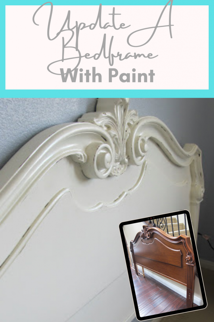 Completely change the look of a piece of furniture using paint.  With a light sand, primer and paint, I was able to take this dark headboard and turn it into a light and airy french inspired piece.