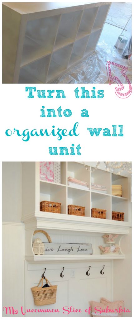 Turn 2 bookshelves into a organized wall unit. Step by Step Tutorial with pictures!