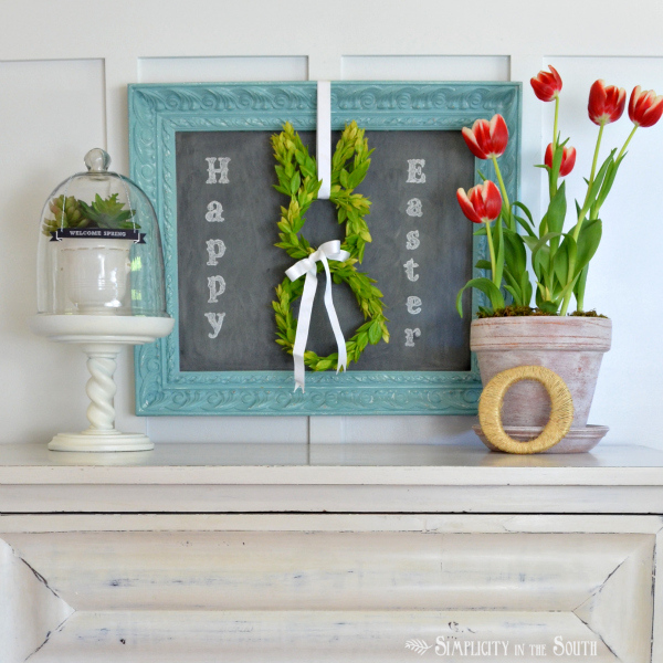 Spring or Easter display and a bunny boxwood wreath