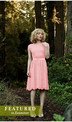 Scalloped tiers of openwork lace in a soft pink  hue descend from a dainty grosgrain ribbon that defines the waist of the Alice dress. The charming shape--cap sleeves and a high boat neck, nipped at the waist and full through the skirt--lets the color do all the talking (or is that your next door neighbor wishing out loud that she knew your style secrets?).  Dress it up with dainty kitten heels or bold tights for a perfectly eye-popping look.