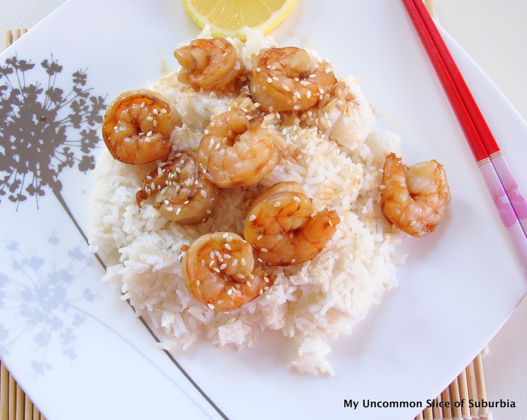 Sesame Shrimp over rice with snap peas