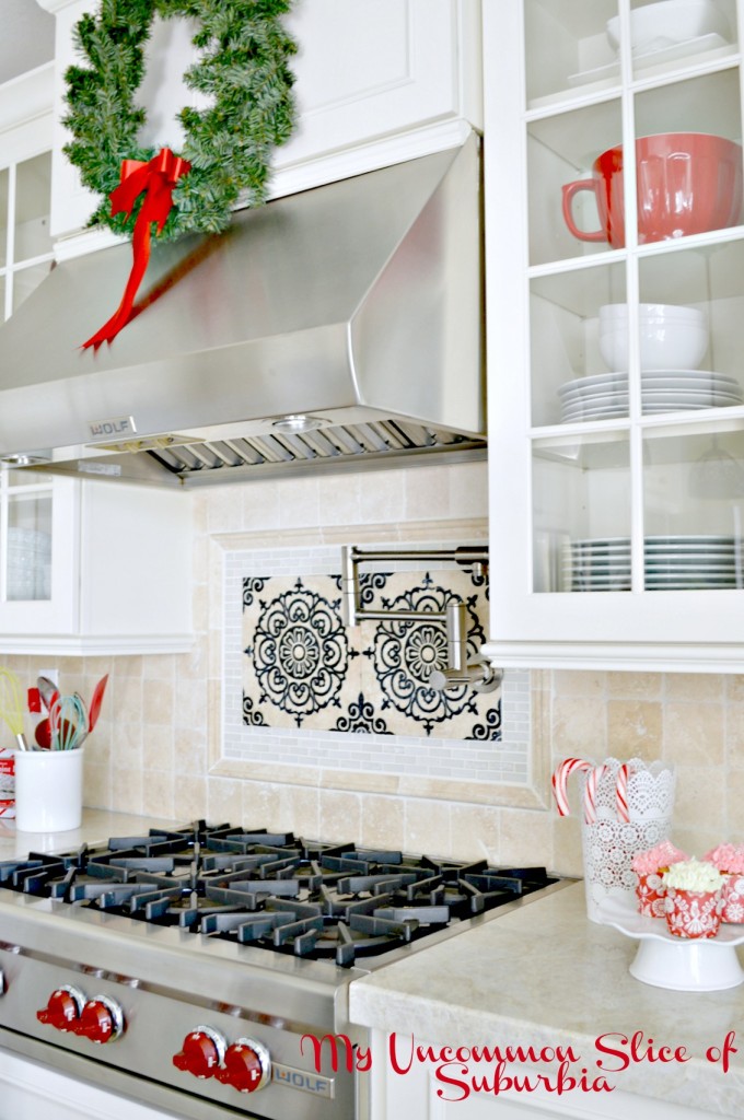 Kitchen dressed for Christmas in red and white