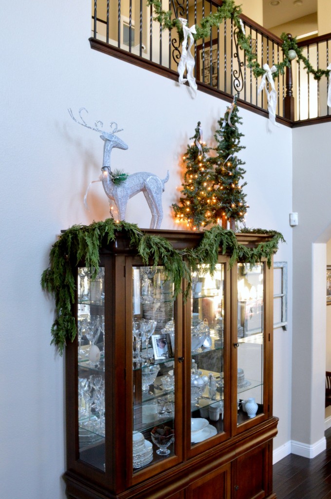 China cabinet in silver and green for CHristmas