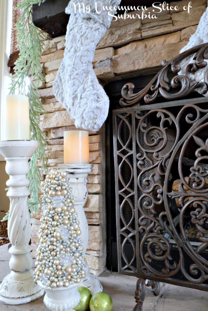 Fireplace in green and silver for christmas