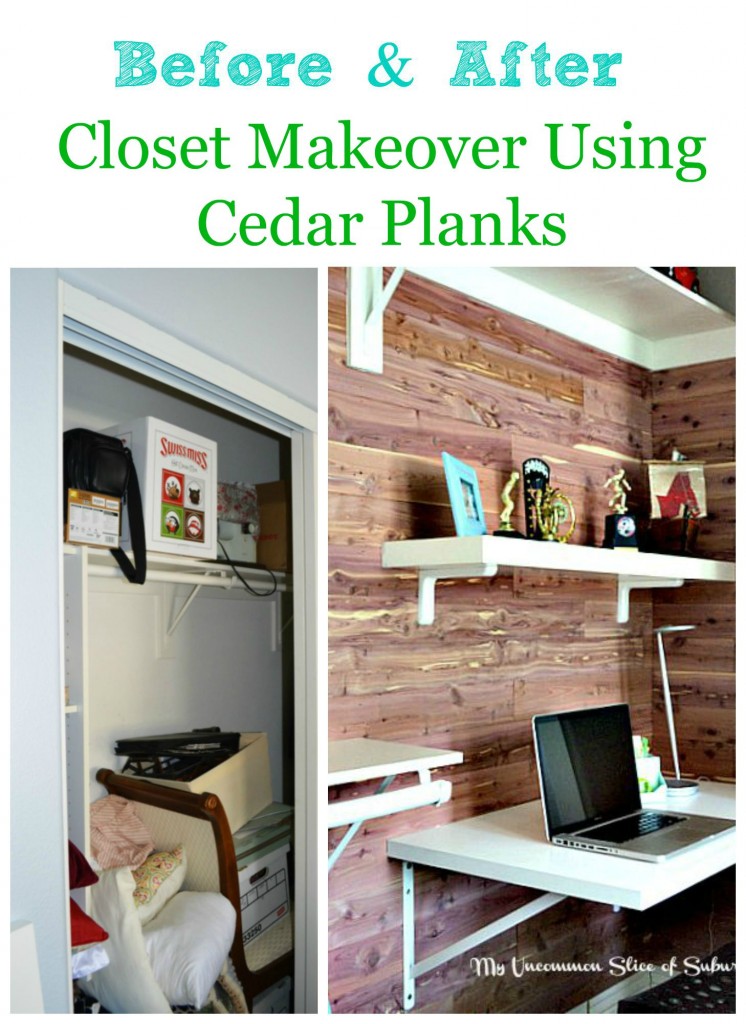 Before and after closet makeover using cedar planks