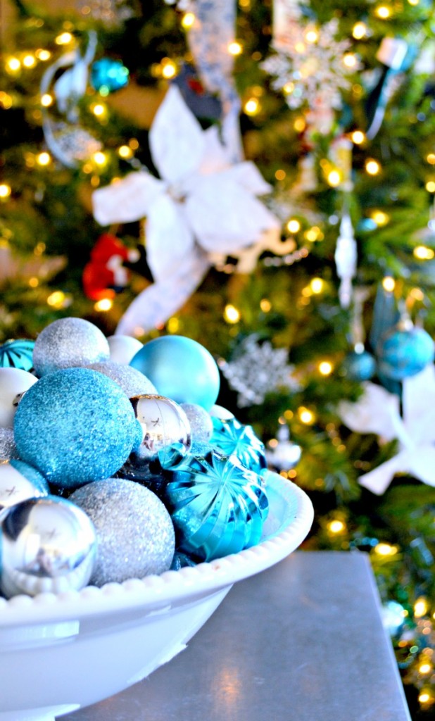 A bowl of dollar store ornaments a inexpensive way to decorate