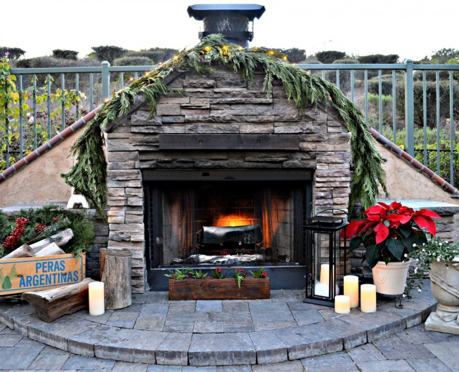 Outdoor Fireplace decorated for Christmas - My Uncommon Slice of Suburbia