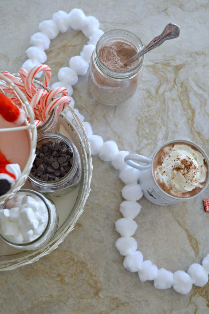 Fun hot cocoa bar set up using a tiered tray