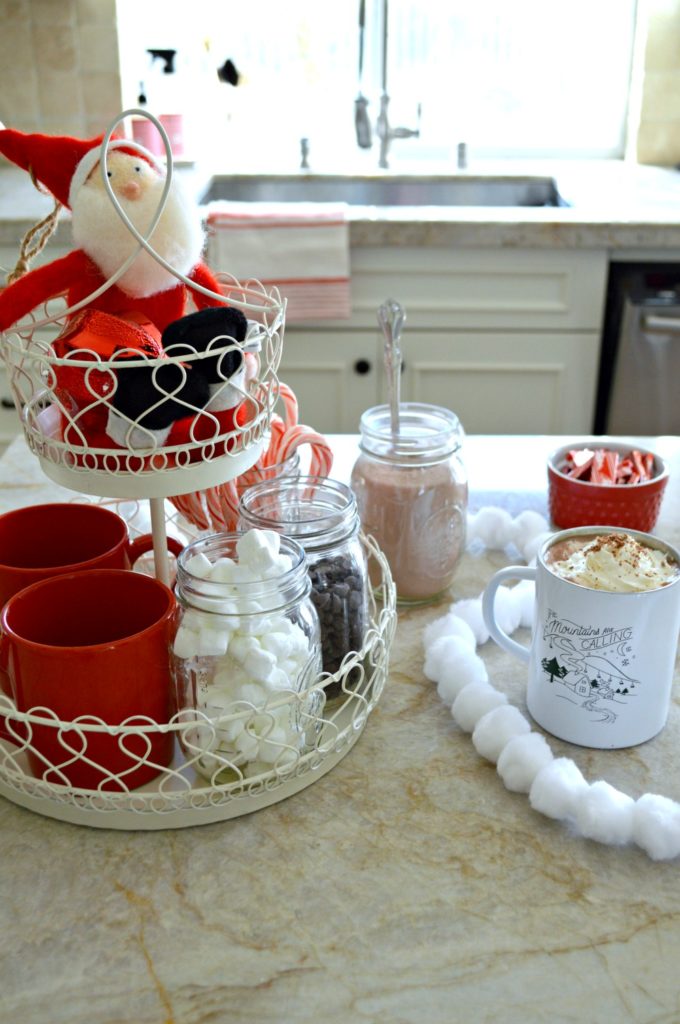 Fun hot cocoa bar set up using a tiered tray