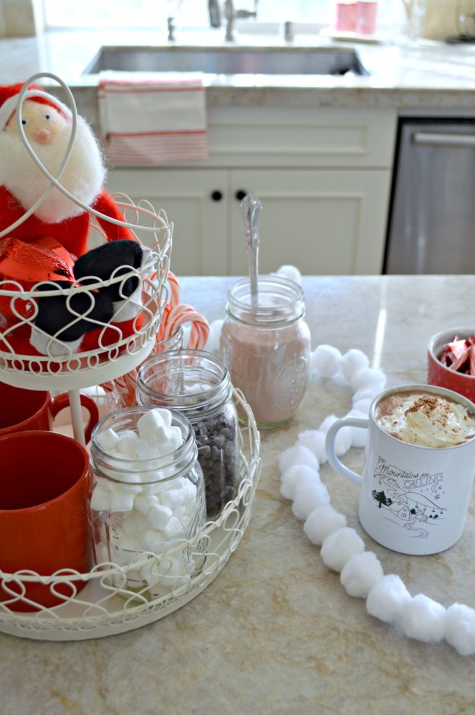 Fun hot cocoa bar set up using a tiered tray