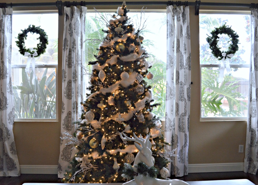 Silver white and green tree decorated with faux fur, so pretty.