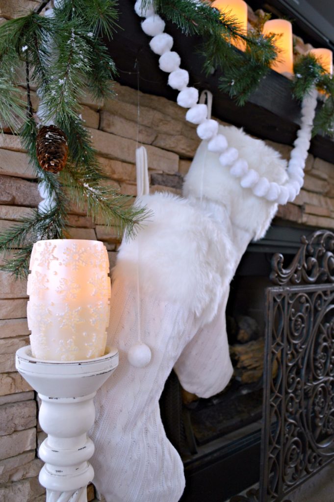 Stacked Stone Fireplace decorated for Christmas