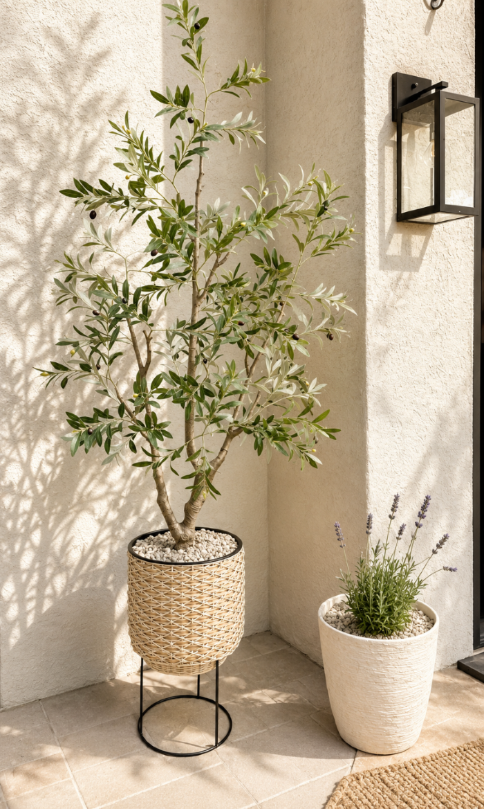 Outdoor olive tree and patio visible through sliding glass doors