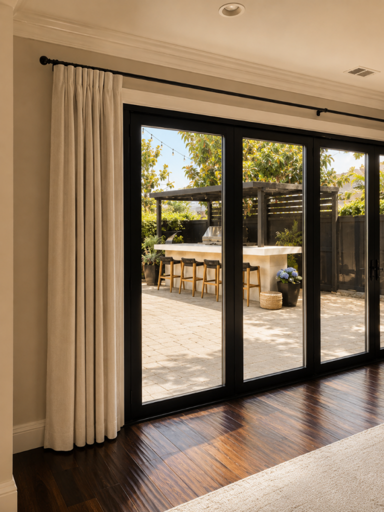 Natural linen pinch pleat blackout curtains on sliding glass doors