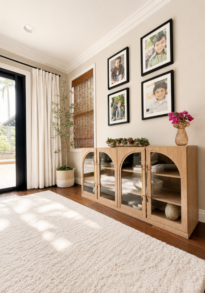 Great room with sliding glass doors and styled drapes