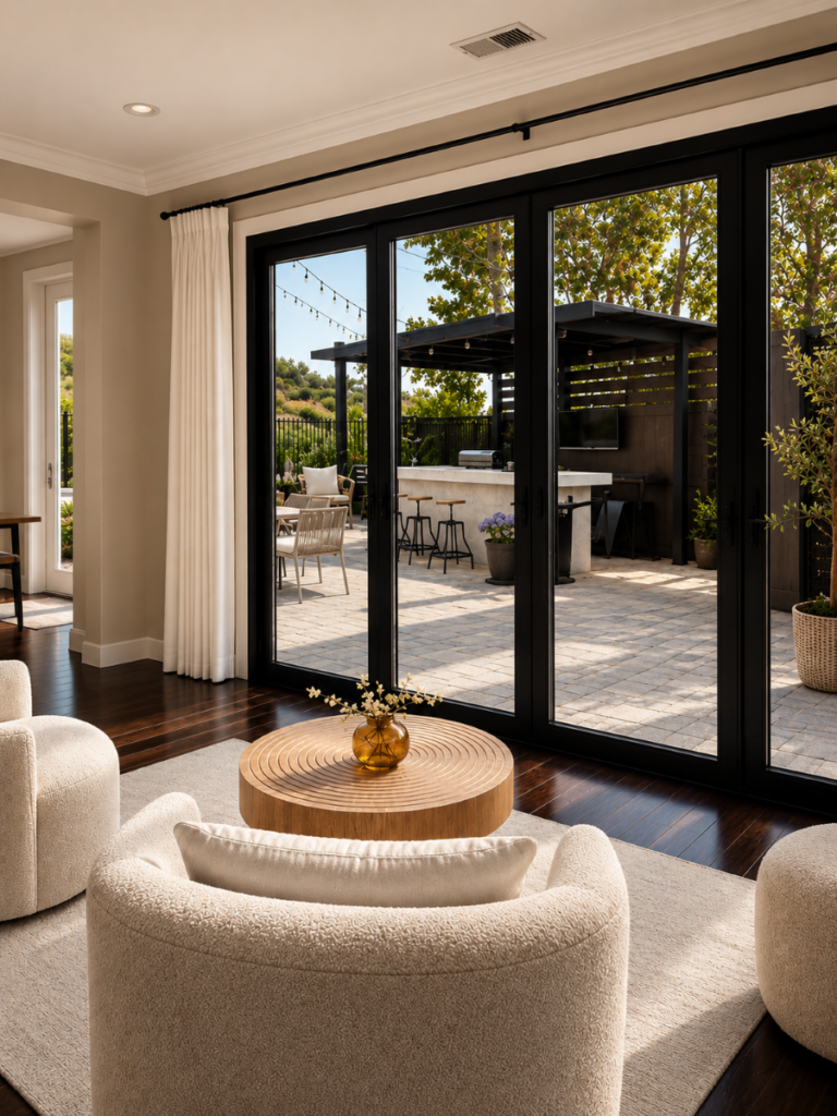 Pinch pleat drapes on sliding glass doors with view to patio